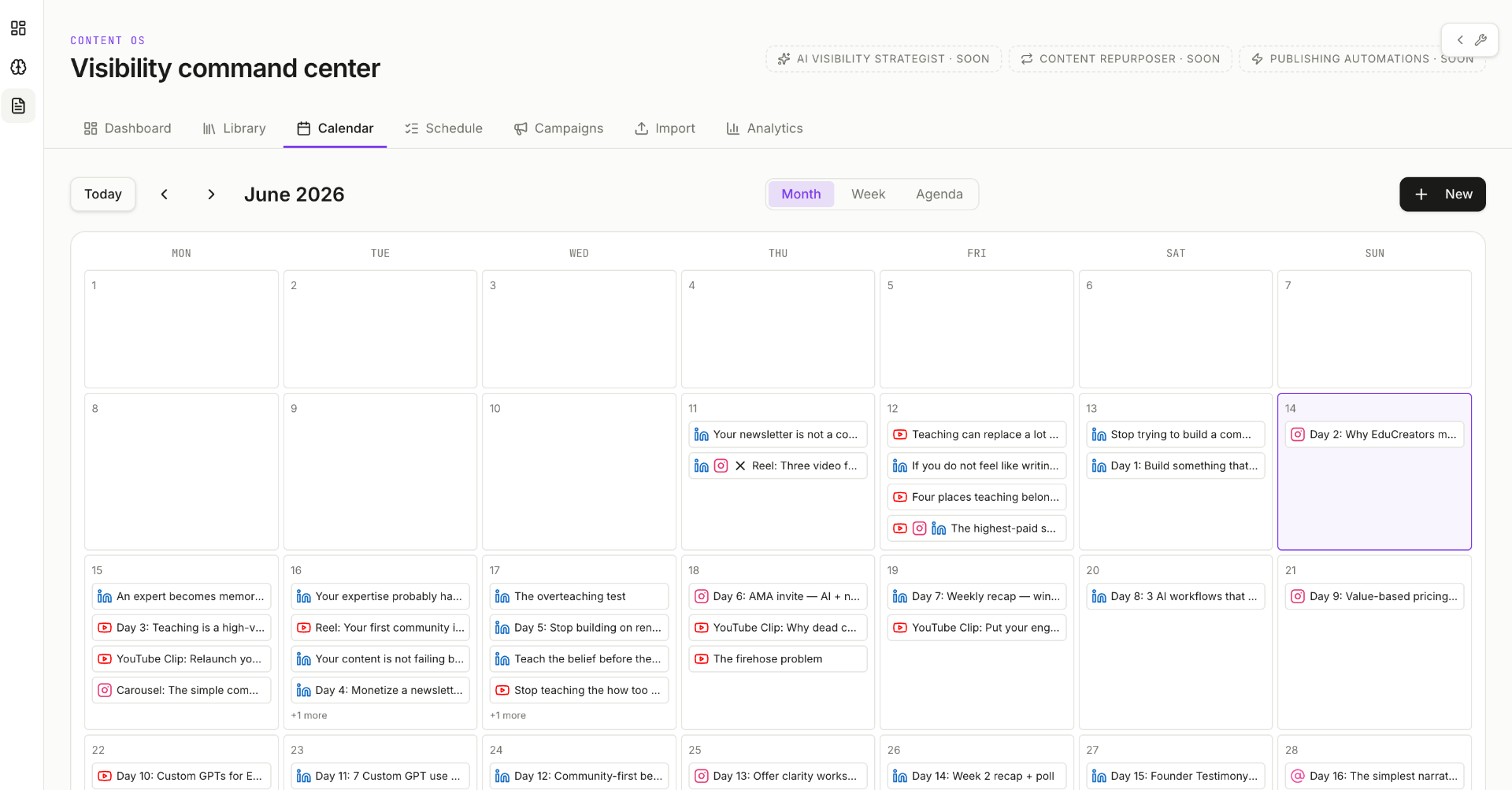 Content OS calendar showing scheduled posts across the month